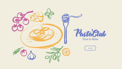 Vintage summer Italian Mediterranean restaurant set. Hand drawn crayon isolated vector illustration. Amalfi sketch vacation design. Pasta, cheese, tomato, olive branch. © pim