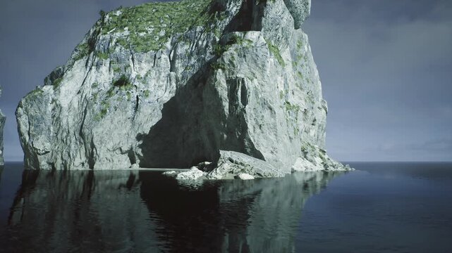 Isolated promontory with cinematic mood and crisp reflection, green crest contrasting with pale cliff face, expansive water field leading eye to distant sky,