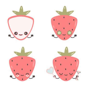 cute hand drawn cartoon character strawberry doing skincare funny vector set collection isolated on white background 