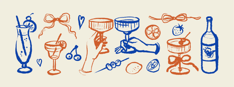 Summer vacation crayon drinks doodle set. Italian Mediterranean coastal stickers. Hand drawn vector illustration. Amalfi sketch beach design.