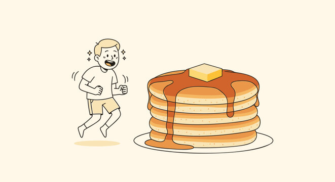 Pancake stack with butter and syrup, running man illustration, breakfast food cartoon, sweet treat vector