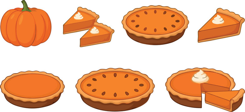 Comprehensive collection of cartoon pumpkin and pumpkin pie illustrations featuring whole pies, individual slices, and a fresh orange pumpkin isolated on a white background.