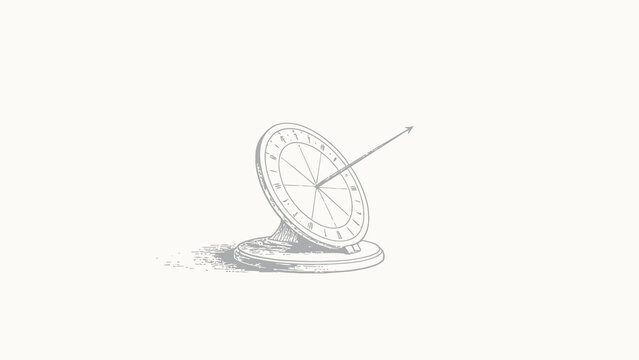 Hand-drawn Pen and Ink Line Art Sketch of a Tilted Tabletop Sundial, Minimalist Composition with Soft Hatching Shading on Plain Off-White Background