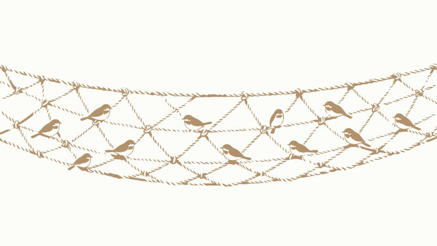 Gentle Minimalist Watercolor Illustration of Eleven Small Songbirds Perched on a Sagging Knotted Rope Net, One Facing Viewer, Warm Beige Palette, Serene Whimsical Mood