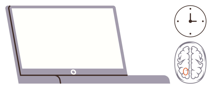 Time management, focus, brain function, neuroscience, digital work, task planning. An open laptop, a clock and brain diagram. Time management and focus concepts