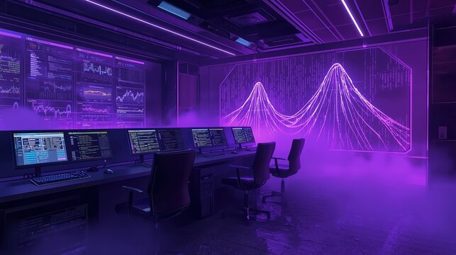 Cryptocurrency trading room with holographic analytics and ethereum data visualization in a futuristic purple lit control room