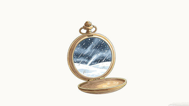 Whimsical Watercolor Illustration of an Open Vintage Gold Pocket Watch Containing a Winter Blizzard Snow Landscape Instead of a Clock Face on Plain Off-White Background