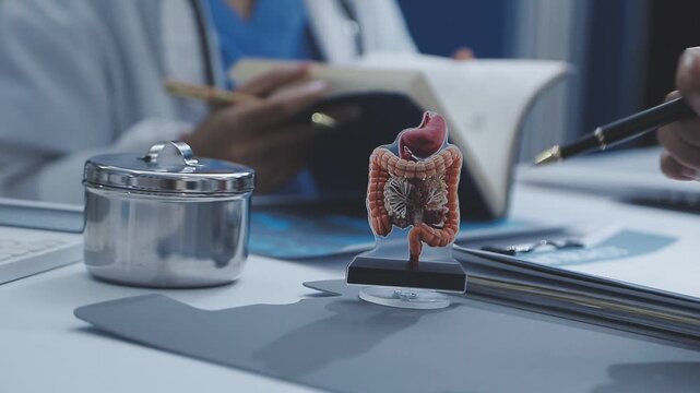 gastroenterologist holds anatomical model of gastrointestinal tract, including intestines, gallbladder, and stomach and explains structure of internal organs to patient. closeup
