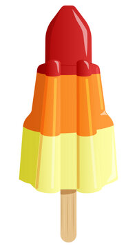 Rocket Shaped Popsicle with Red Orange and Yellow Fruit Layers on a Wooden Stick Isolated Vector Illustration