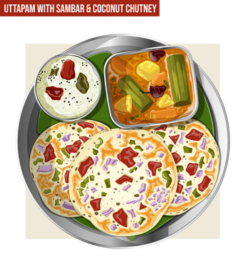 Vector Illustration of  South Indian Breakfast Thali with Vegetable Uttapam Spicy Sambar Stew and Coconut Chutney served on Banana Leaf Top View