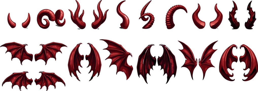 Comprehensive collection of red demon and devil horns and wings featuring various curved, spiraled, and leathery designs isolated on a clean white background.