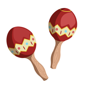Mexican Traditional Maracas Isolated Illustration Red and Yellow Percussion Shakers with Decorative Pattern for Cinco de Mayo
