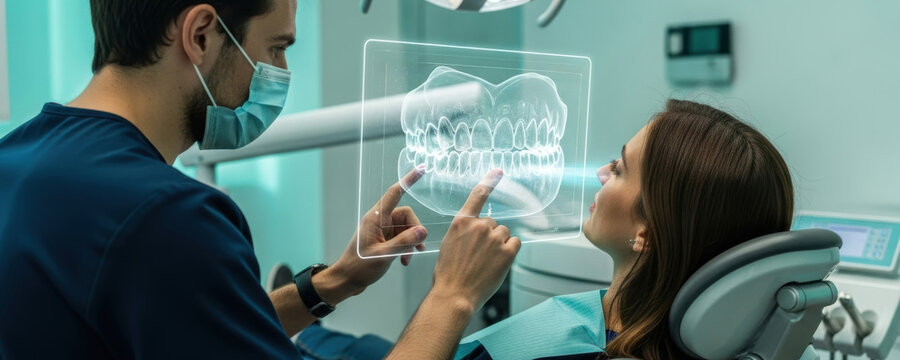Male dentist shows 3d teeth scan to woman patient using virtual screen. Dental radiography concept. Modern dentistry and oral healthcare technology for clinic.