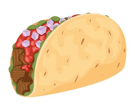 Vector Illustration of a Mexican Beef Taco with Hard Corn Shell Filled with Grilled Meat, Salsa, Lettuce and Diced Onions Isolated