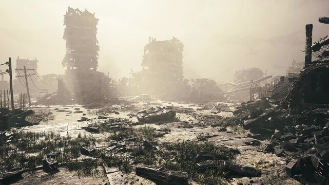 Sunlit panorama across ruined metropolis field, expansive foreground of broken pavement and tangled metal, distant skeletal towers under warm dusty light,