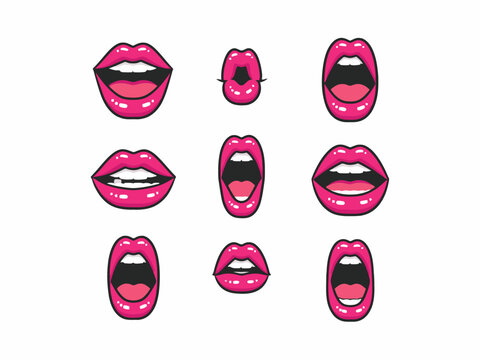 Pink Lip Icon Set Showing Various Mouth Expression Vector