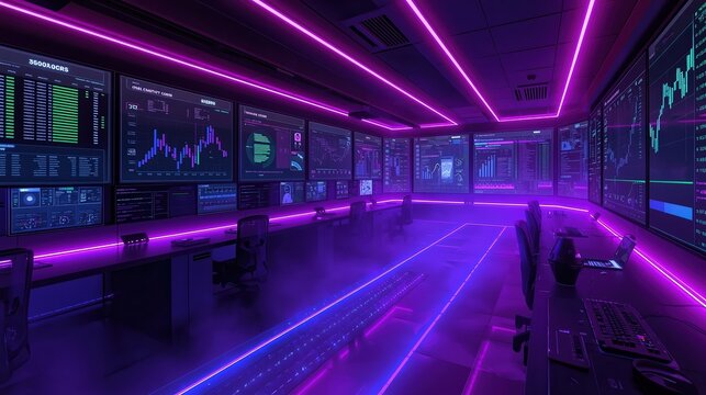 Futuristic cryptocurrency control room with holographic analytics and ethereum data on screens in a dark neon lit environment