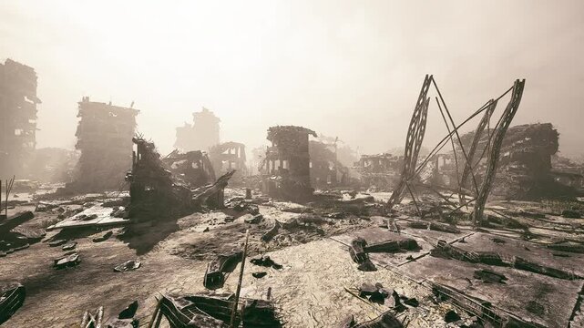 Barren wreckage field dotted with twisted metal and eroded foundations, puddled trenches and muted sky, faint tracks hint at past traffic and salvage routes,