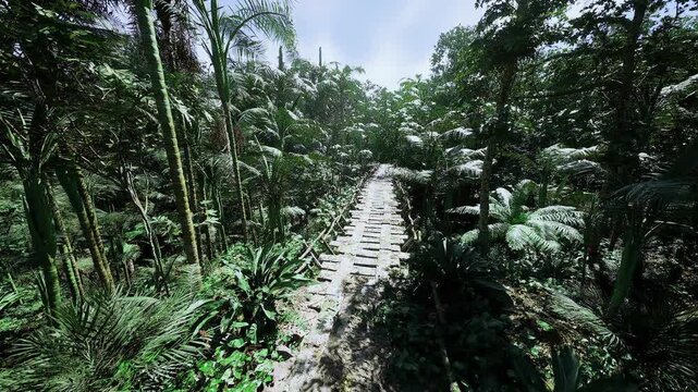 Secluded wooden bridge leading into dense jungle canopy, filtered sunlight creates highcontrast foliage textures, mood perfect for escape and offgrid