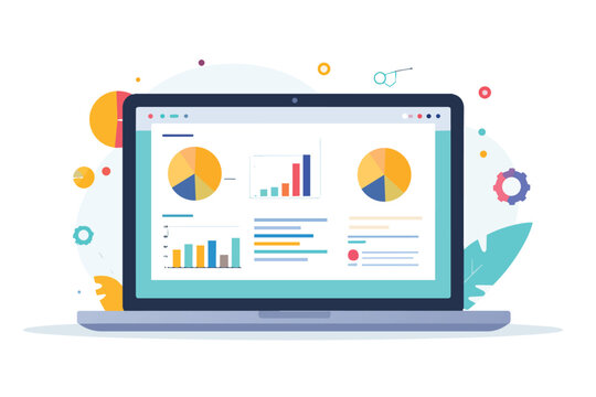 Business Analytics Dashboard Laptop Flat Vector Illustration with Colorful Bar Chart and Pie Chart