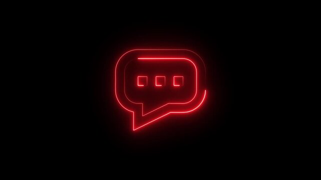 Neon red speech bubble with ellipsis on black background for chat communication technology and messaging concepts