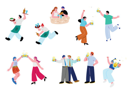 楽しそうにビールを飲む人々のイラストセット