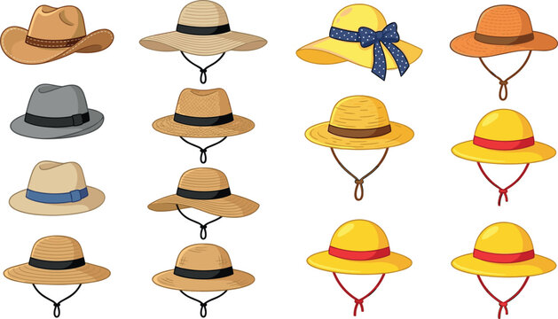 Comprehensive collection of sixteen summer hats featuring straw sun hats, cowboy hats, fedoras, and beach headwear in various styles and colors isolated on a white background.