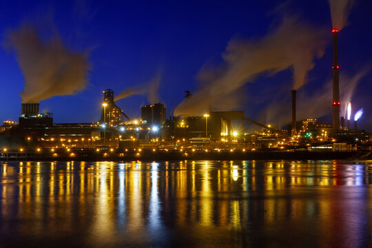 Tata Steel IJmuiden Industrial Complex at Night, Netherlands