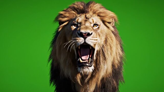3D animation breathtaking CGI VFX majestic powerful African lion walks confidently and roar on chroma key green screen background.