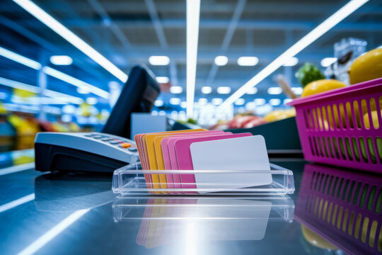 Colorful loyalty cards displayed at a supermarket checkout counter with a payment terminal and a basket of groceries nearby.