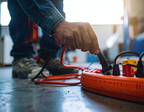 Closeup of a worker connecting a power plug to an orange cable reel on a workshop floor. Symbolizing energy, labor, and productivity, its ideal for construction and electrical industry use.