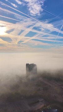 Drone Flight Over Foggy Basingstoke at Sunrise, UK