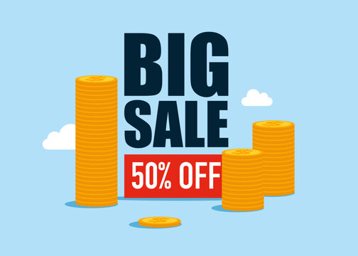 Big Sale with stacks gold dollar coins. Sales are growing. Flat vector illustration