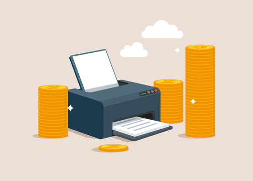 Jet or laser printer with gold dollar coins. Flat vector illustration