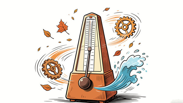 Hand-Drawn Dynamic Illustration of a Vintage Mechanical Pyramid Metronome, With Spinning Gears, Falling Autumn Leaves, and Water Splash Motion Effect