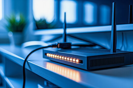 A modern wireless router with multiple antennas glowing orange, placed on a desk in a blue-toned, tech-focused indoor setting.
