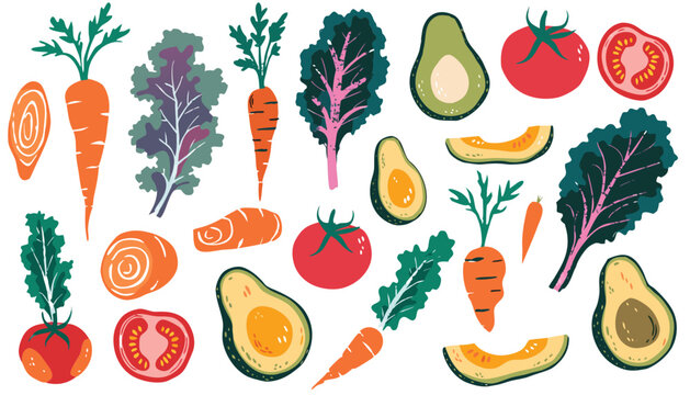 Flat vector set of fresh vegetables including carrots, avocado, and kale