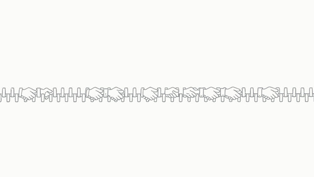 Minimalist monochrome line art of interlocked clasped hands forming a zipper, symbolizing human connection, unity and social solidarity on plain off-white background