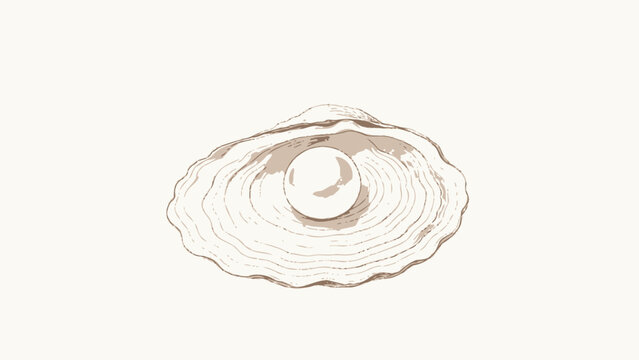 Delicate Colored Pencil Illustration of an Open Oyster Shell Holding a Single Lustrous Round Pearl on a Plain Cream Neutral Background