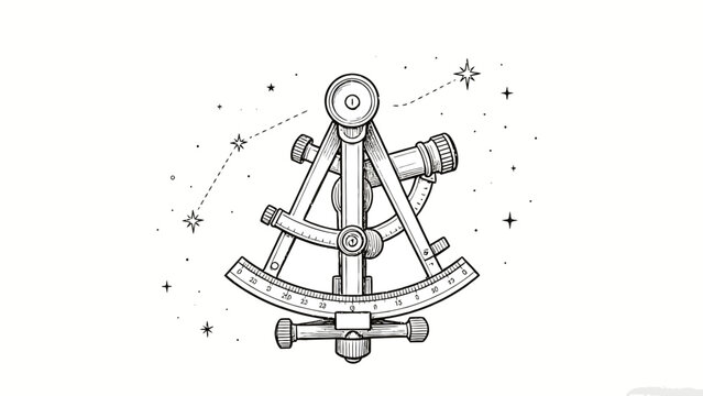 Monochrome Engraving-style Line Art of a Vintage Nautical Sextant, Centered Composition with Surrounding Stars and Constellation Dashed Lines, Celestial Navigation Theme