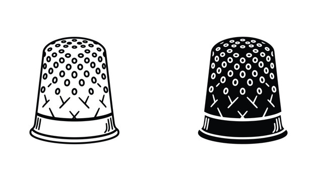 Sewing thimble protective tool icon set in outline and solid black design for tailoring and garment manufacturing industry