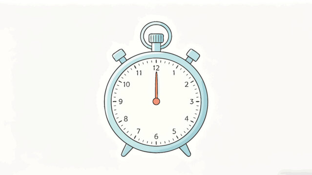 Minimalist cute hand-drawn cartoon stopwatch illustration, pale light blue casing, single orange hand at 12 o'clock, soft line art on plain off-white background
