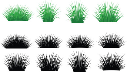 Set of green grass and black silhouette bushes isolated collection for landscaping design natural vegetation elements © Millat