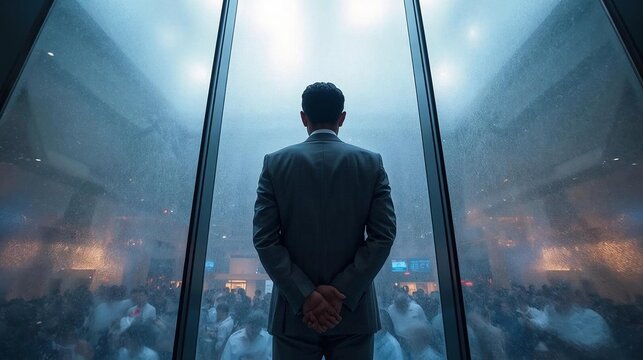 A wide-angle shot from behind of a man standing before a massive, frosted glass window looking into a bustling stock exchange floor. He is in a perfectly fitted light grey sui