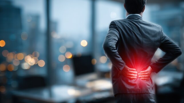 Business with back pain or injury after work in office,shoulder pain,Young man sitting and using laptop,working woman,health care, Concept office syndrome.
