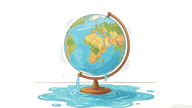 Whimsical Hand-Drawn Desktop Earth Globe Shaking, Leaking Water Into a Spreading Puddle, Visualizing Climate Change Sea Level Rise On Clean Off-White Background
