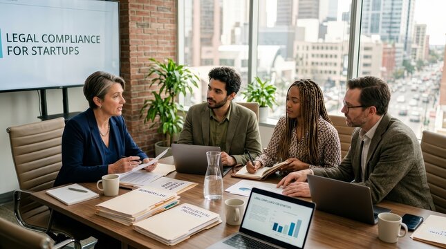 Professional business people consulting with a legal advisor in a modern office setting.