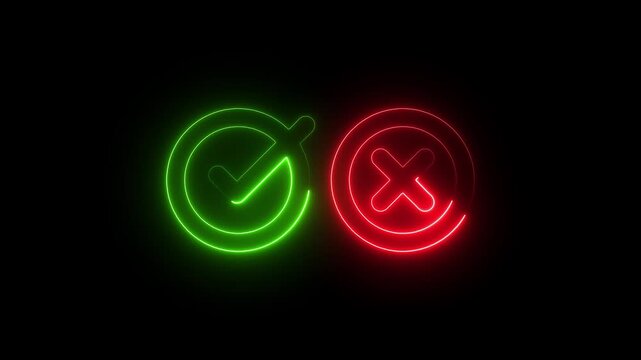 Neon Green Checkmark and Red Cross Symbols on Black Background for Decision Concepts neon signs check mark