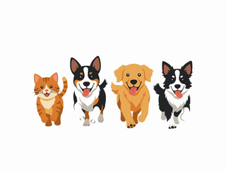 Obraz premium Group of dogs and cat running forward on white background