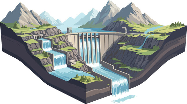 Mountain Dam 3D Vector Illustration Hydroelectric Structure Landscape Design